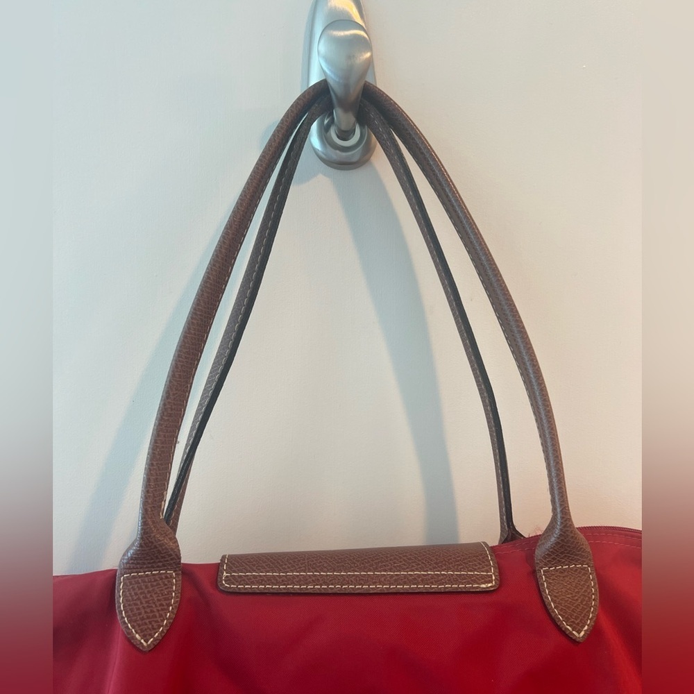 Longchamp Nylon Tote in Red with Brown Trim - Picture 5 of 16